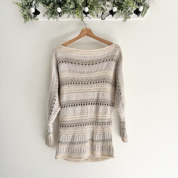 Boston Proper Striped Open Crochet Knit Boat Neck Sweater Brown/tan Gray Small - Picture 3 of 3